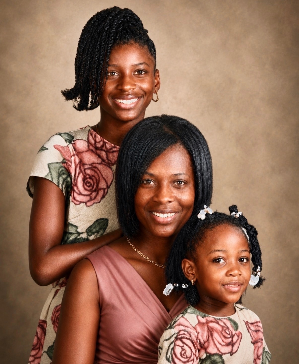 Beautifully restored and colorized portrait of mother and daughters